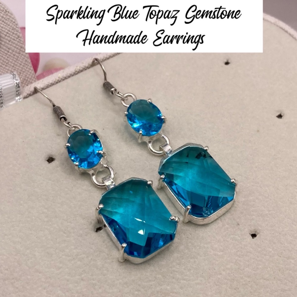 Sparkling Faceted Blue Topaz Gemstone Handmade Earrings